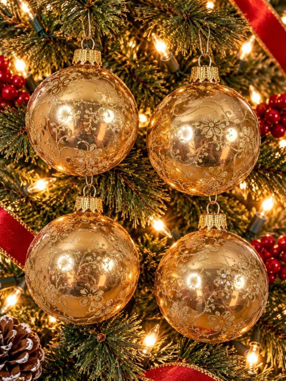 Christmas By Krebs 2.5" Round Glass Christmas Tree Ornaments Set 4 Gold Glitter